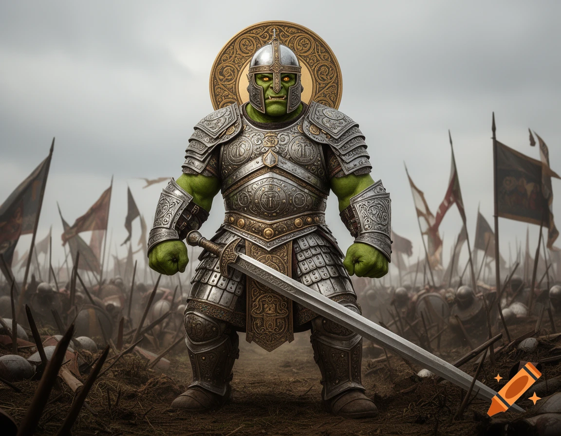 A formidable green orc warrior in ornate Byzantine armor stands on a battlefield with a large sword, an army in the misty background.