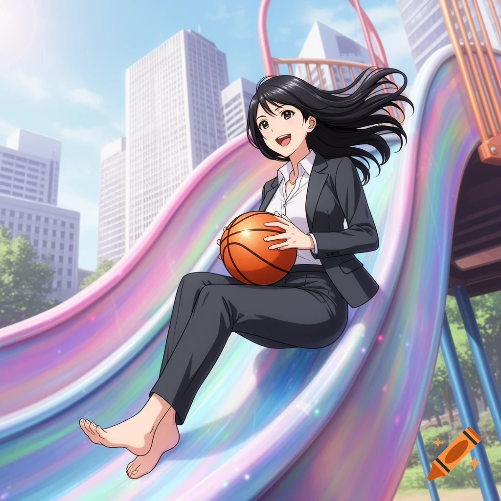 An anime businesswoman in a suit slides down a colorful playground slide, holding a basketball, barefoot, with city buildings in the background.