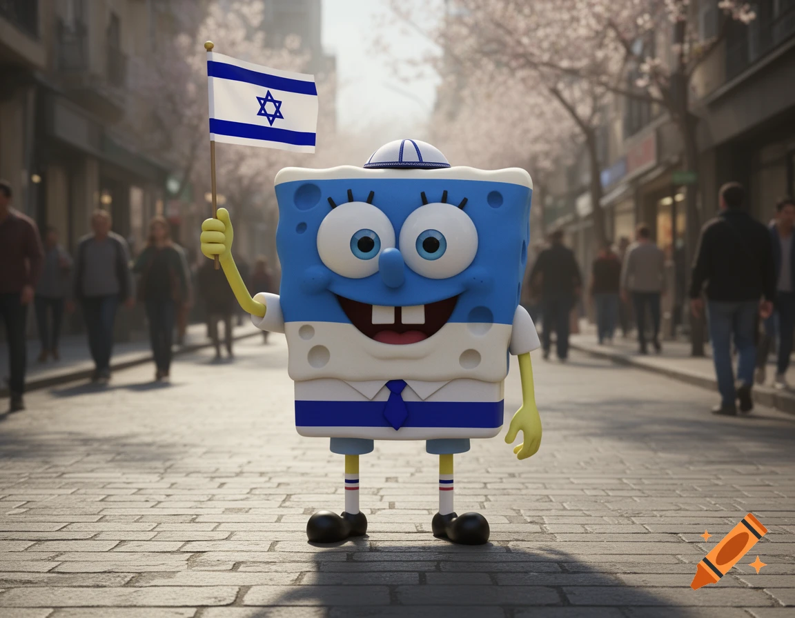 A 3D cartoon character resembling Spongebob, colored blue and white, wearing a kippa and holding an Israeli flag on a city street.