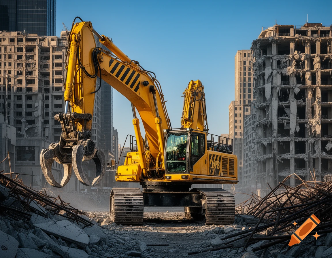Photorealistic image of a large yellow demolition excavator with a claw in a rubble-filled urban demolition site under a clear blue sky.