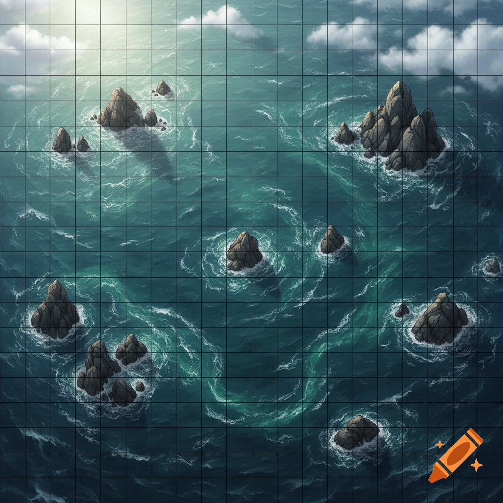 A top-down fantasy map of a grid-lined ocean with numerous rocky outcroppings and subtle waves.