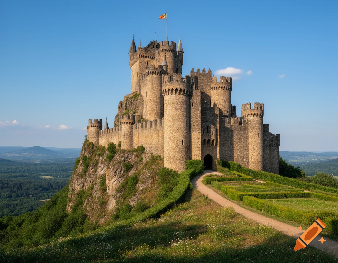 A majestic medieval castle with multiple towers sits on a rocky hill, a winding path leading to its entrance, under a clear blue sky.