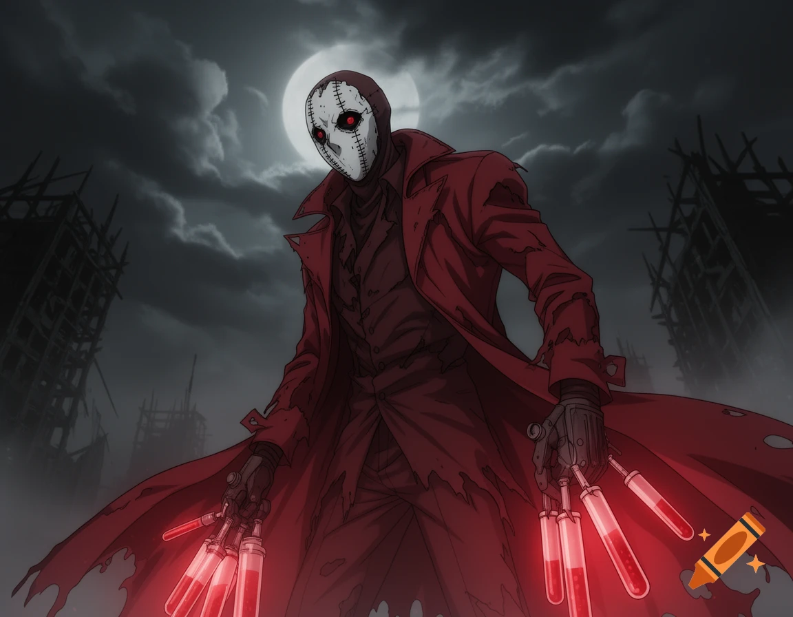 A masked figure in a red trench coat holds glowing red test tubes under a full moon, in a dark, ruined landscape. Anime style.