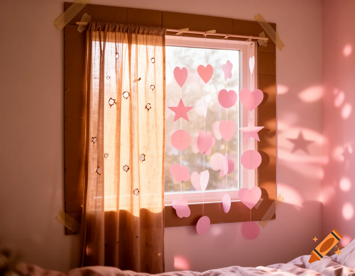 A cozy bedroom window with cardboard frame, light brown curtains with holes, and hanging pink paper hearts and stars.