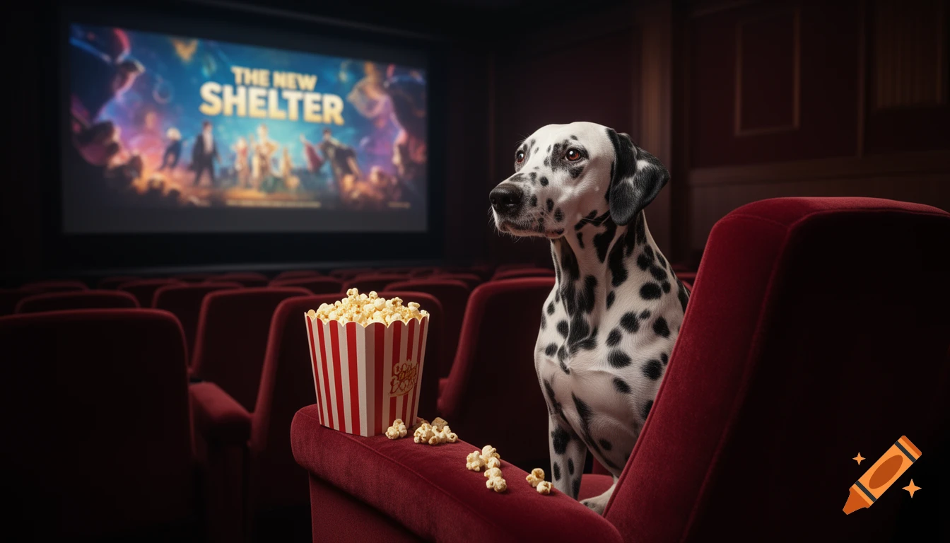 A photorealistic dalmatian dog sits in a red velvet cinema seat next to popcorn, watching a movie titled 'THE NEW SHELTER' on a large screen.