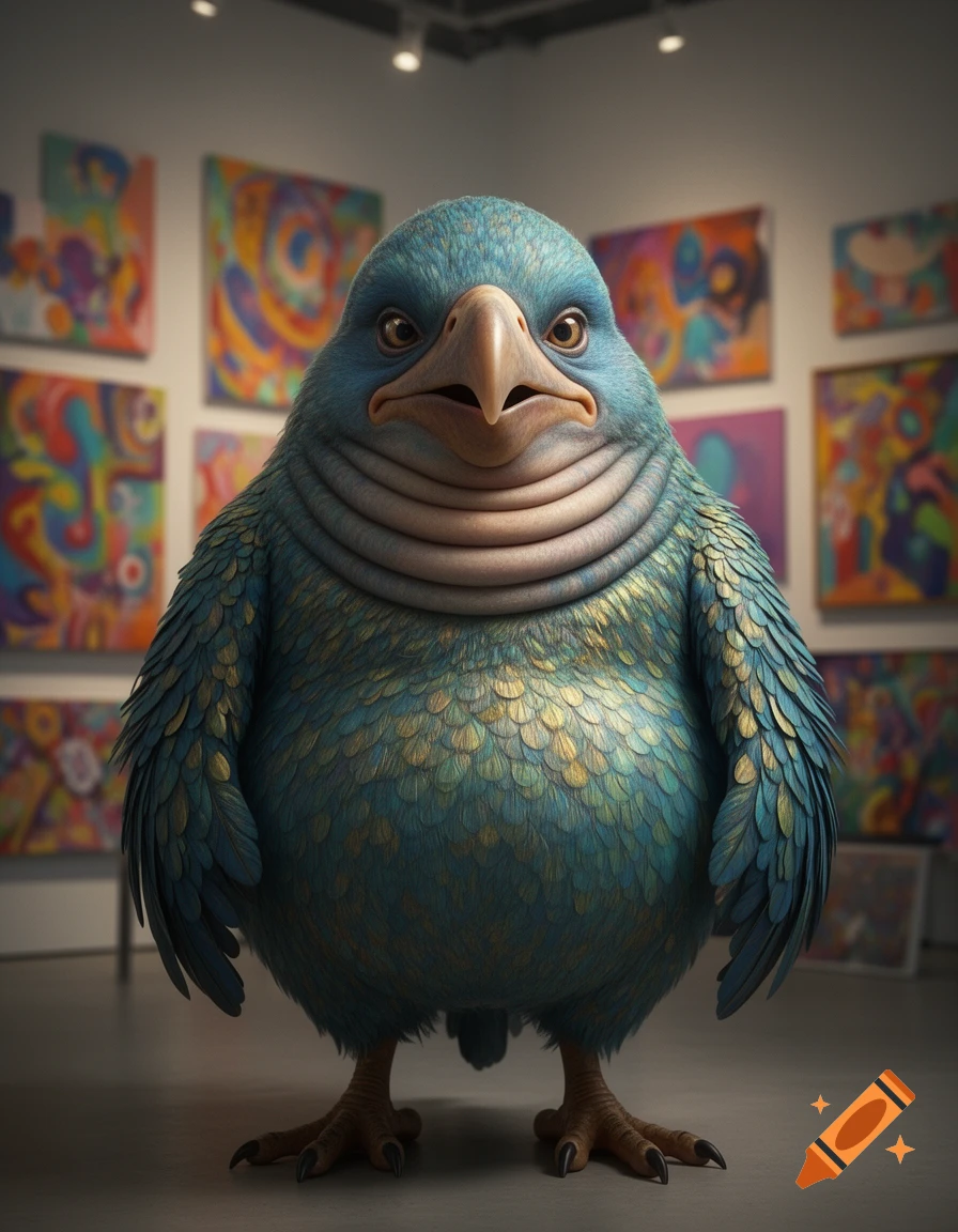 A plump, blue-feathered bird creature with multiple chins stands in an art gallery with colorful abstract paintings.