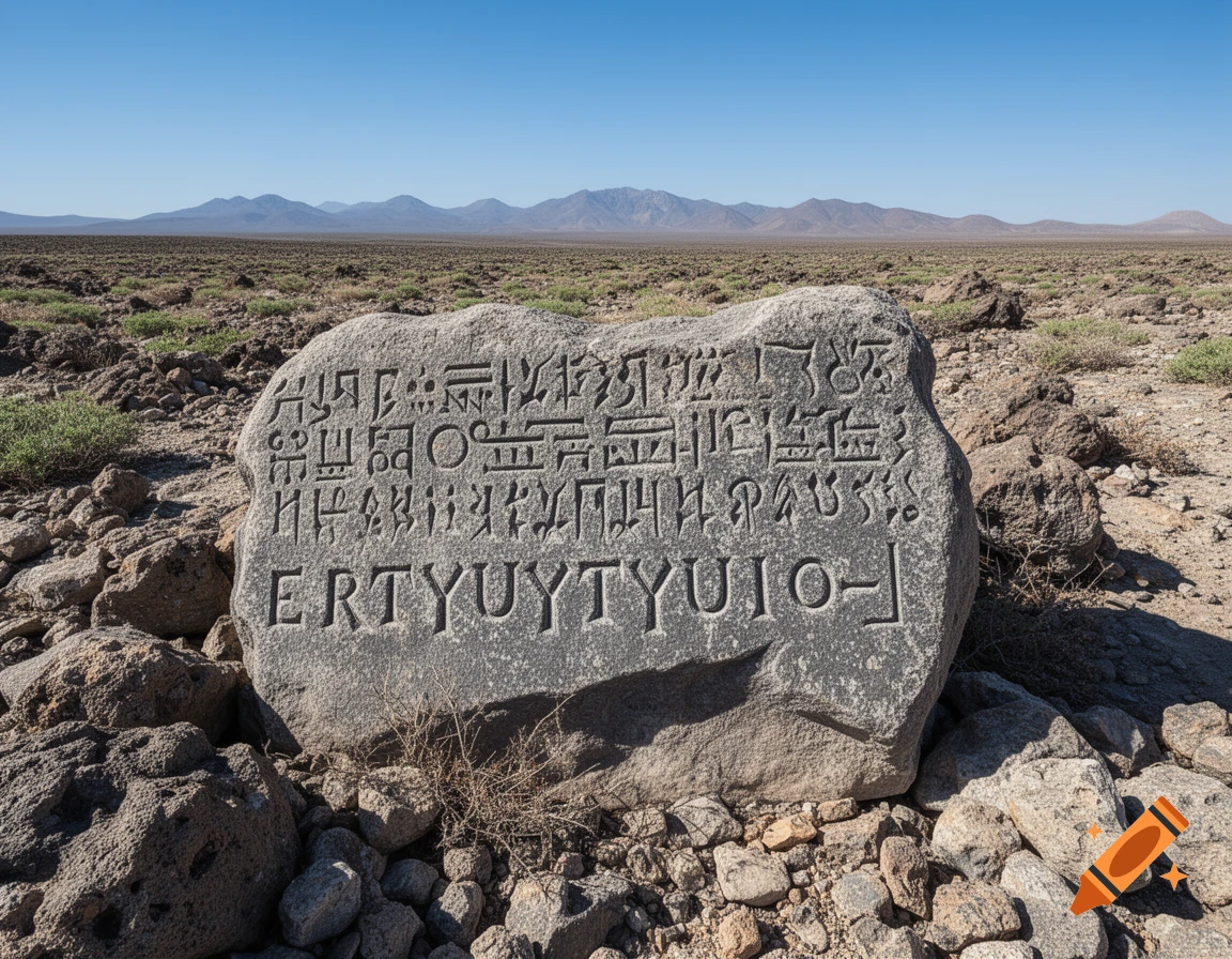 A large grey stone tablet with carved ancient symbols and the text 'ERTYUYTYUI0-' in a rocky desert landscape.