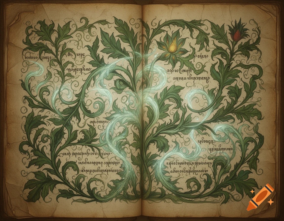 An open, aged manuscript displaying intricate green botanical illustrations and unreadable, swirling text on both pages.