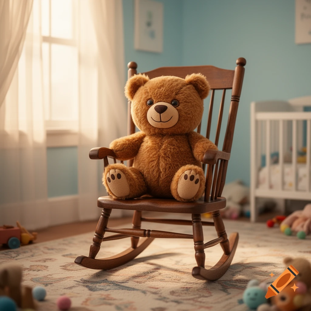 A fluffy brown teddy bear sits on a wooden rocking chair in a sunlit child's nursery, with a crib and toys visible.