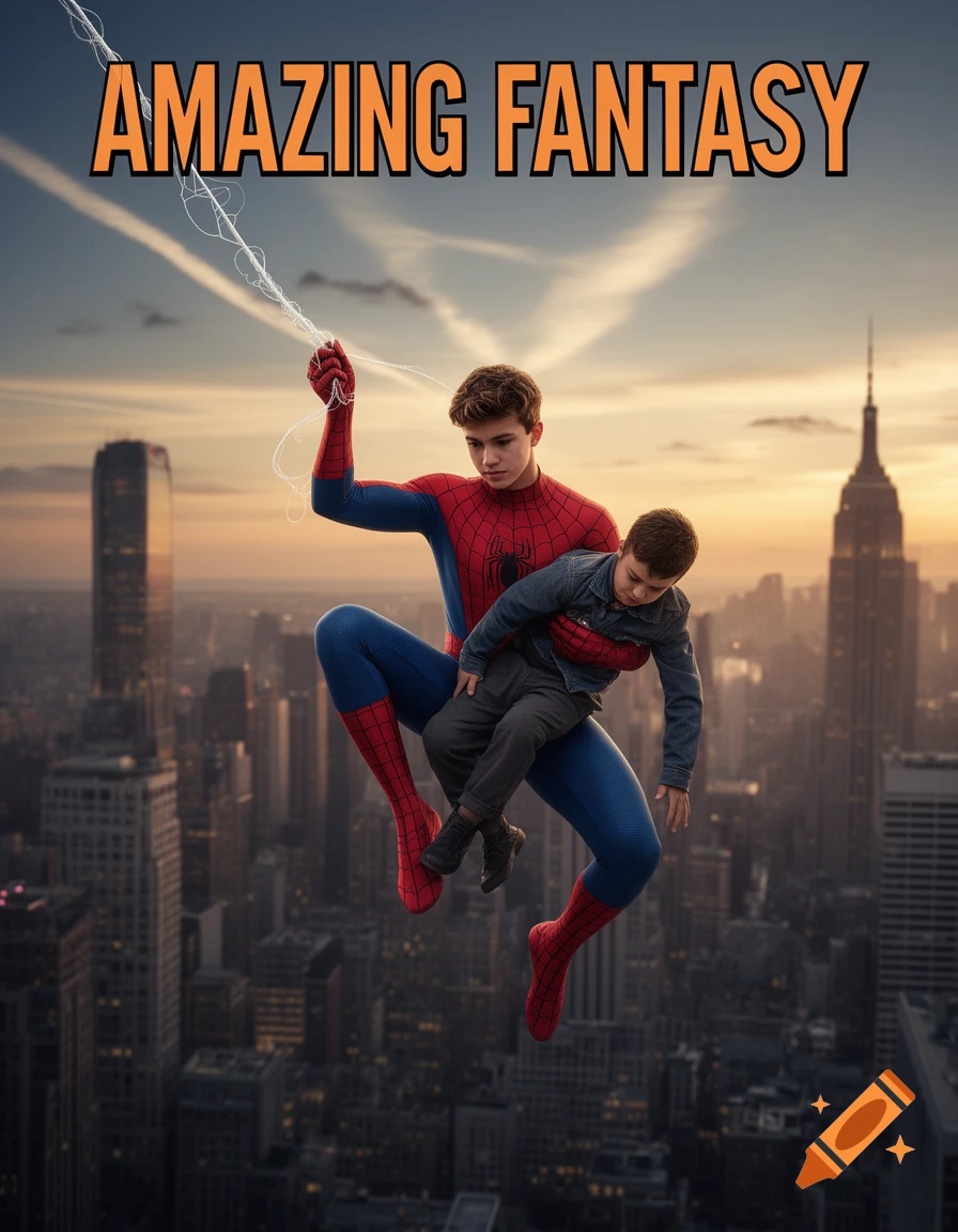 Spider-Man holds a child while swinging through a city at sunset, with the text "AMAZING FANTASY" at the top, in a photorealistic style.