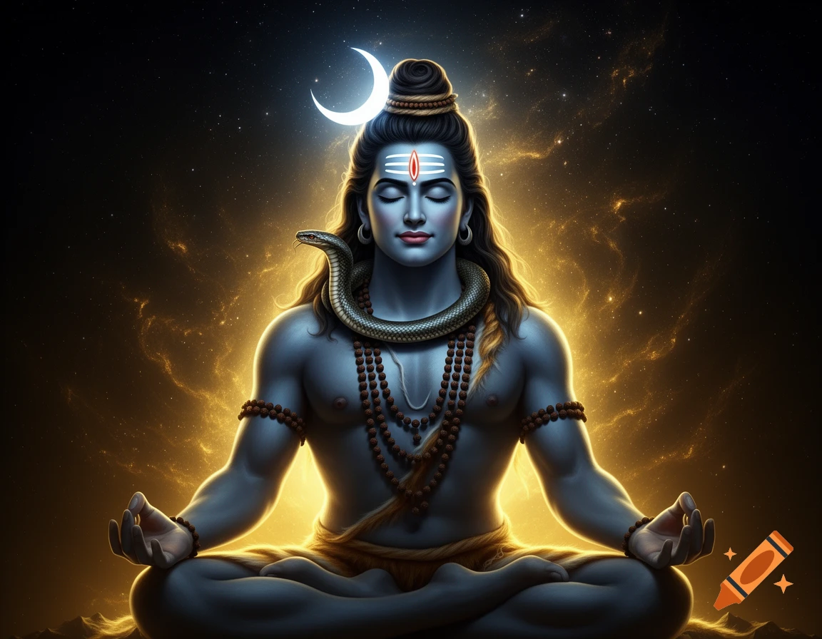 Lord Shiva meditating with blue skin, crescent moon, and serpent, surrounded by golden cosmic light in hyper-detailed digital art style.