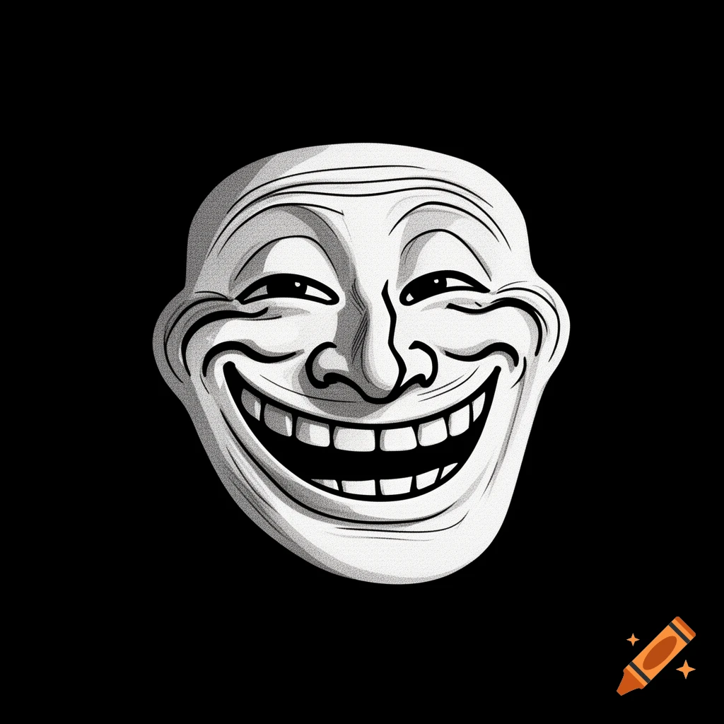 A grayscale illustration of the Trollface meme, a grinning cartoon face on a black background.