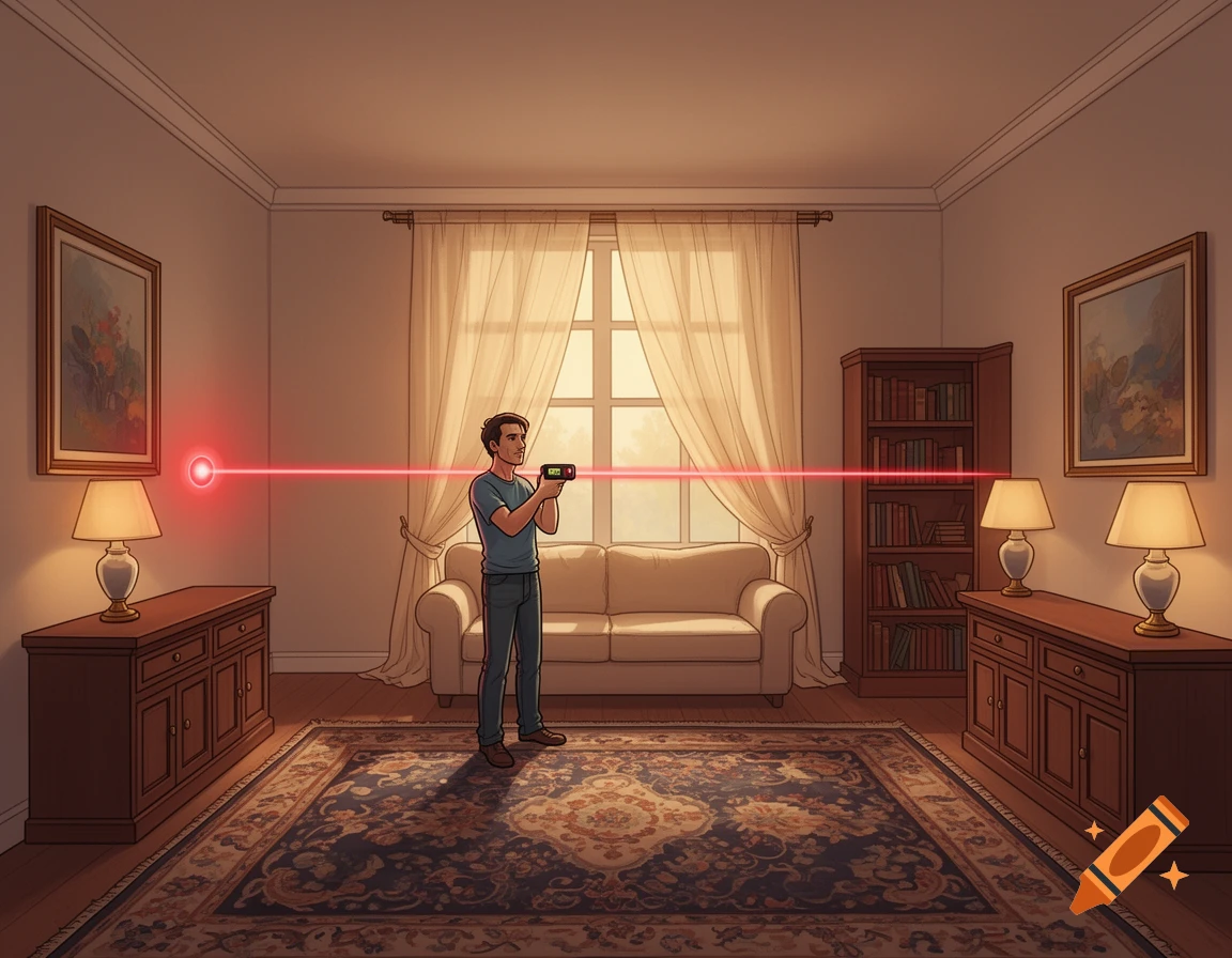 A man stands in a warmly furnished room, aiming a red laser distance meter at the left wall. Stylized illustration.
