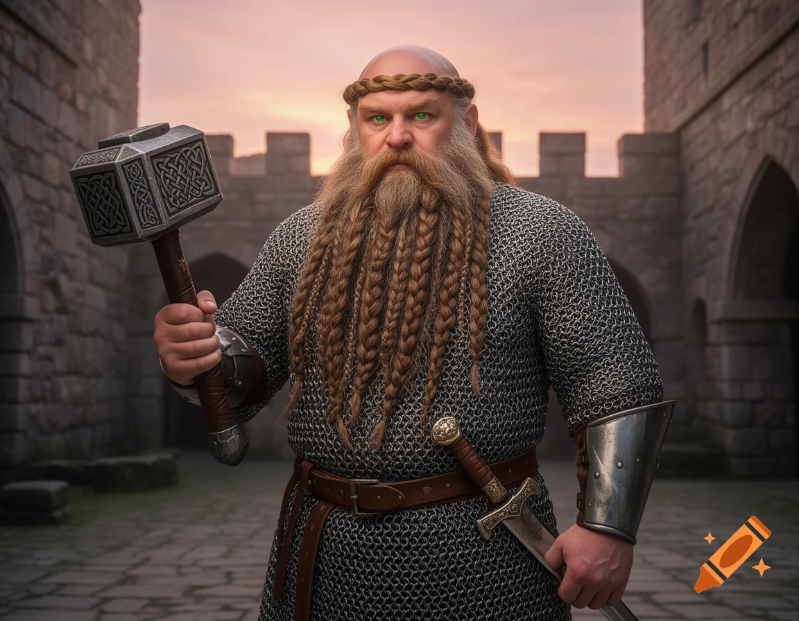A bald dwarf warrior with a long braided beard and green eyes stands in a castle courtyard, holding a hammer and sword.