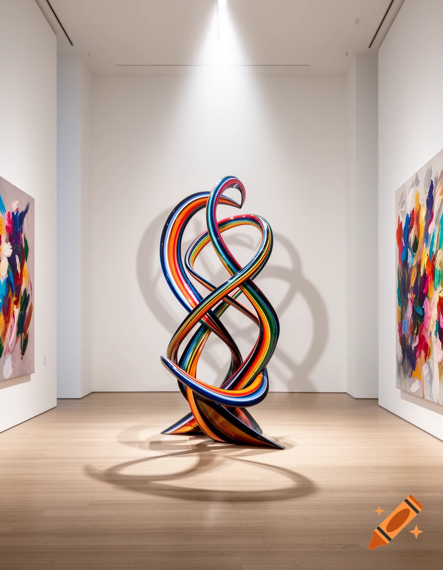 A vibrant rainbow-colored abstract sculpture stands in a minimalist art gallery with two colorful abstract paintings on the walls.