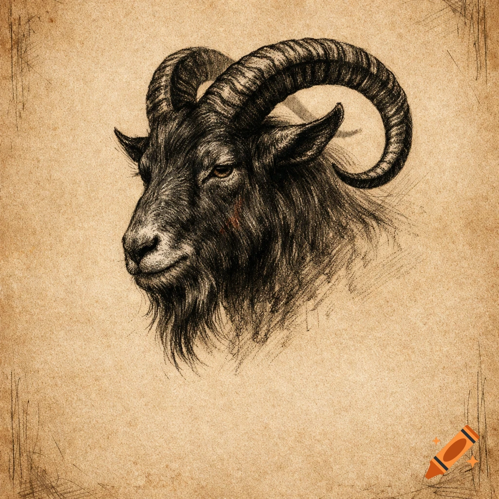 Charcoal sketch of a horned goat's head on rustic sepia-toned paper.