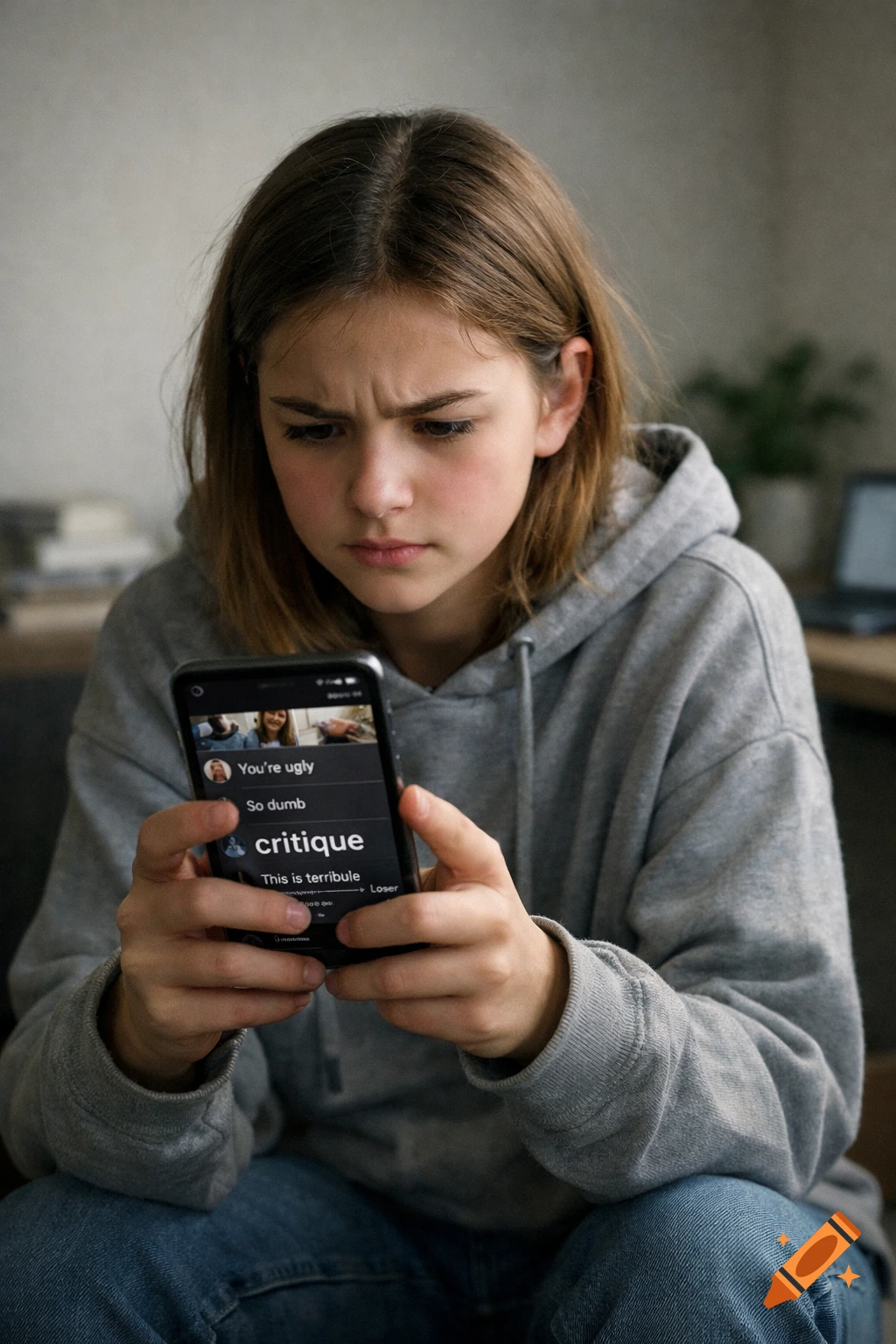 A frowning young girl in a gray hoodie looks down at her smartphone, which displays negative comments like "You're ugly" on screen.