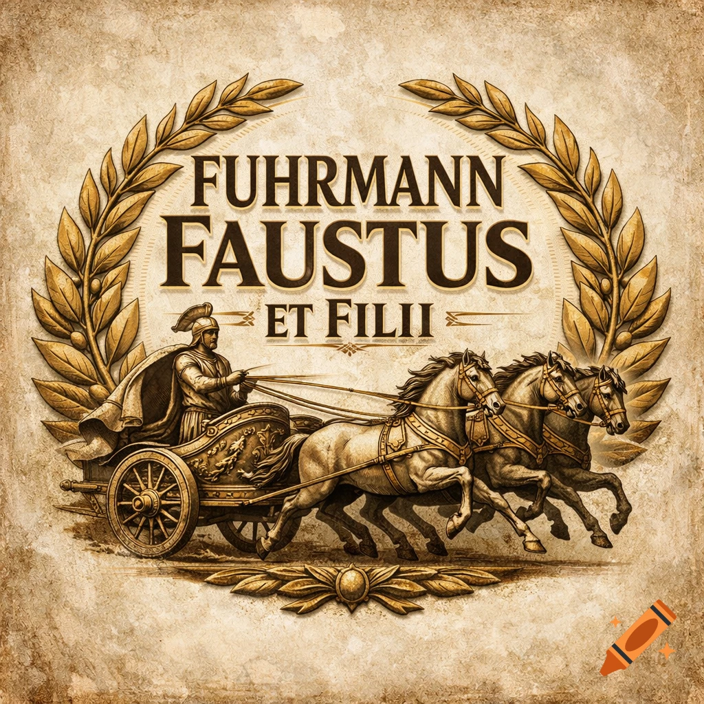 Gold-toned Roman-style logo with a chariot, three horses, and a driver encircled by a laurel wreath, text reads "FUHRMANN FAUSTUS ET FILII".