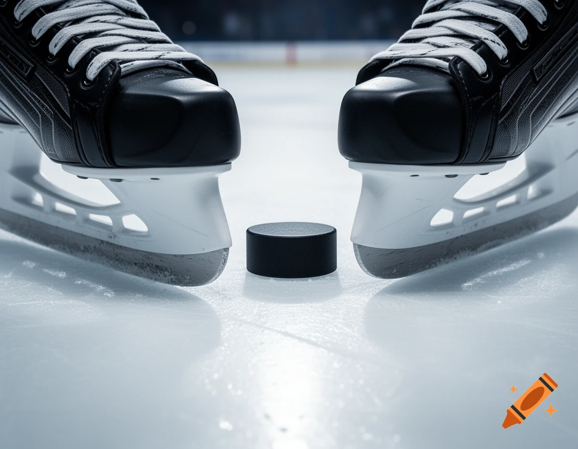 Close-up of two ice hockey skates facing each other with a black puck between them on a rink.