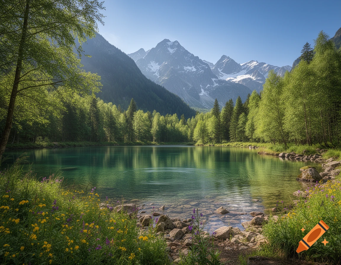 Photorealistic image of a serene turquoise mountain lake surrounded by lush green forests and snow-capped peaks under a clear blue sky.