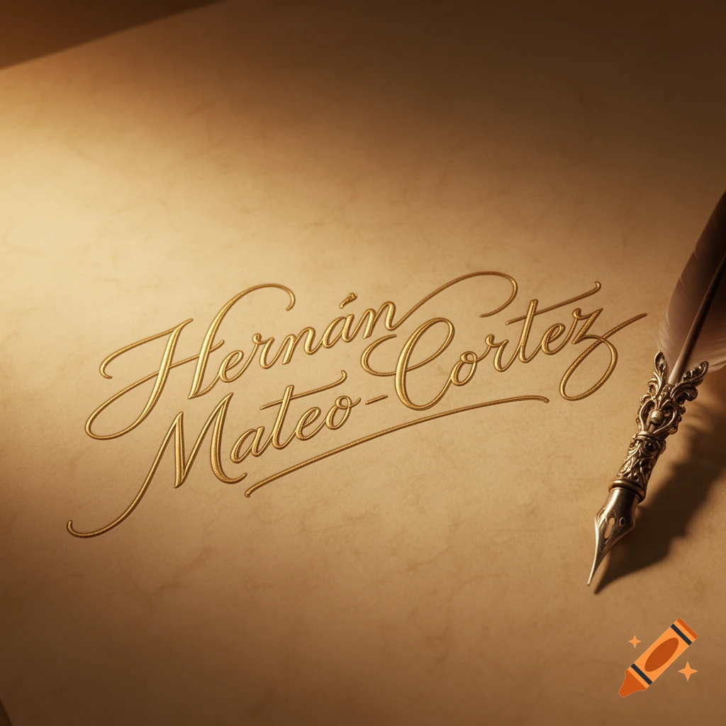Golden embossed signature "Hernán Mateo-Cortez" on aged parchment next to an ornate feather quill.