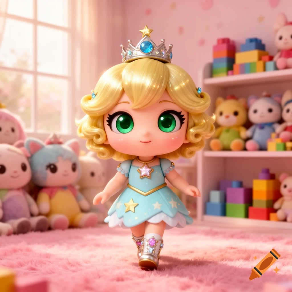 A cute chibi toddler doll with blonde hair and a crown, wearing a blue dress, walking on a pink rug in a kawaii playroom.