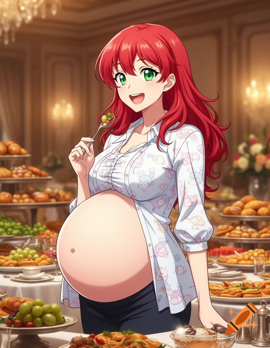 A smiling, massively pregnant anime woman with red hair and green eyes stands at a luxurious buffet, holding a fork with food.