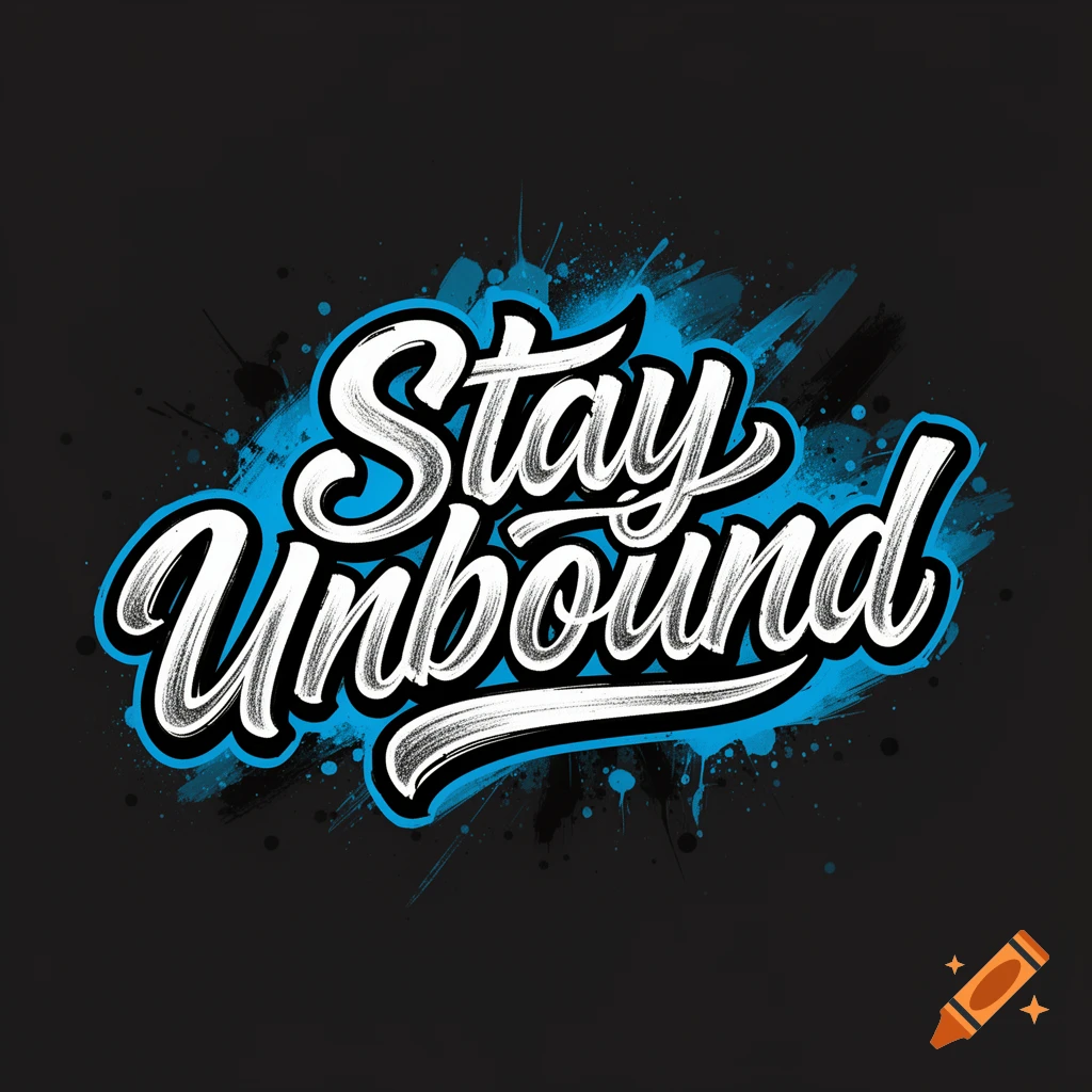 Bold white script 'Stay Unbound' with blue outline and paint splatters on a black background, in a hand-drawn streetwear logo style.