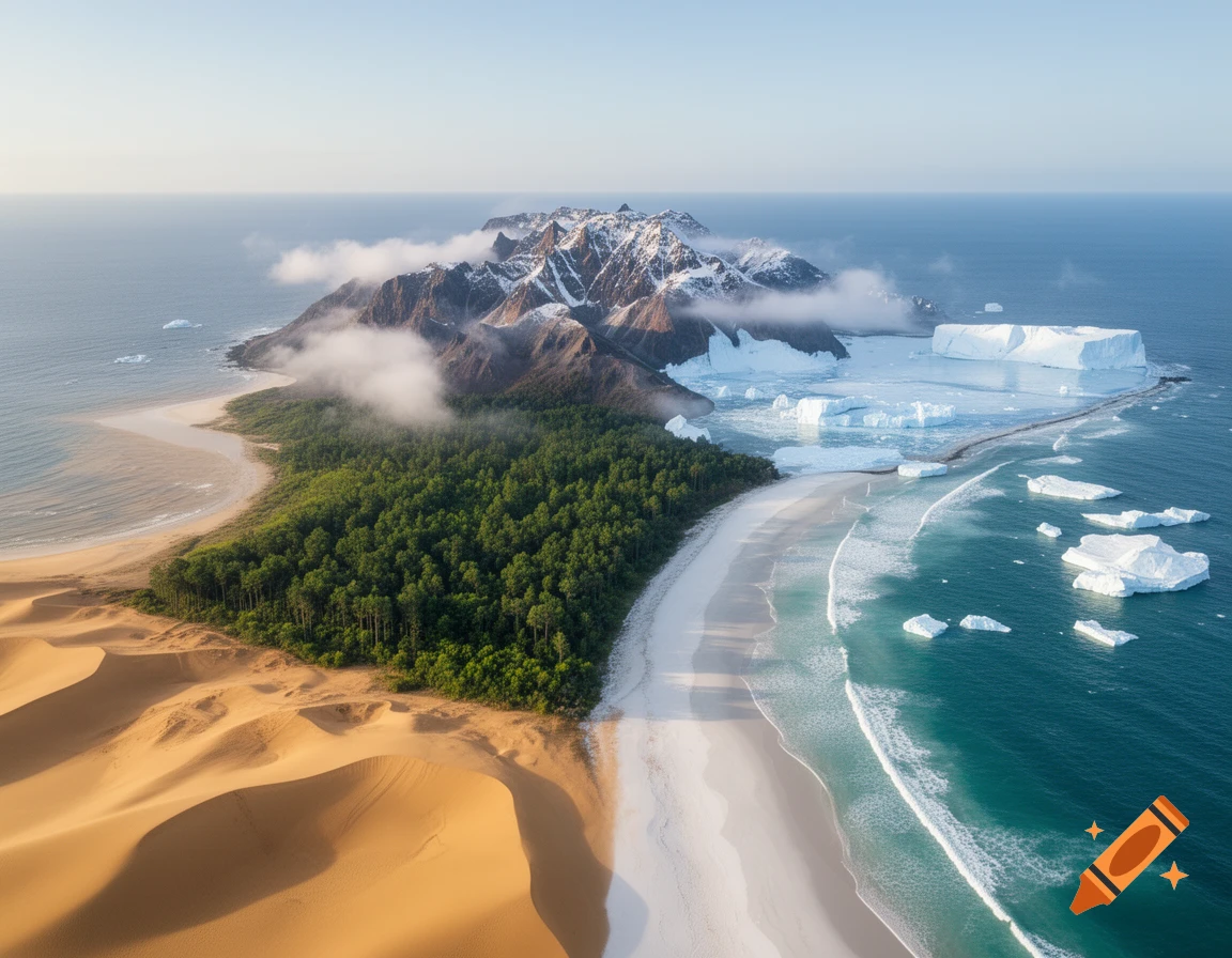 Aerial view of an island divided into five distinct biomes: desert dunes, green forest, sandy beach, snowy mountains, and icy glaciers.