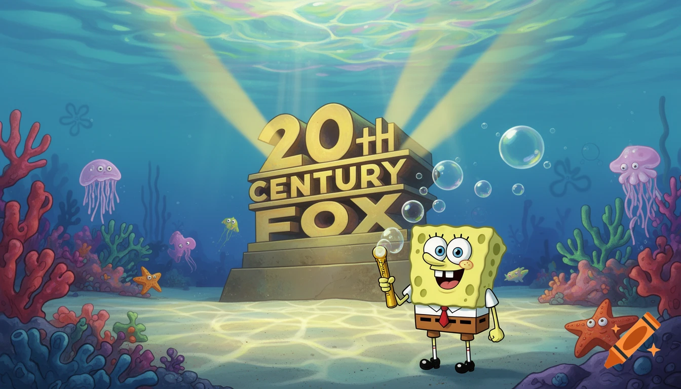 SpongeBob SquarePants stands in front of a golden 20th Century Fox logo underwater, surrounded by coral and jellyfish.