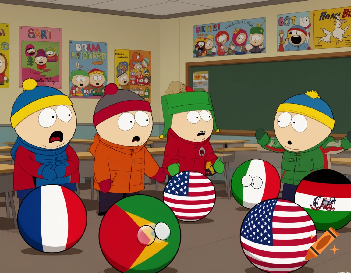 South Park characters in a classroom looking surprised at several countryball flags on the floor.