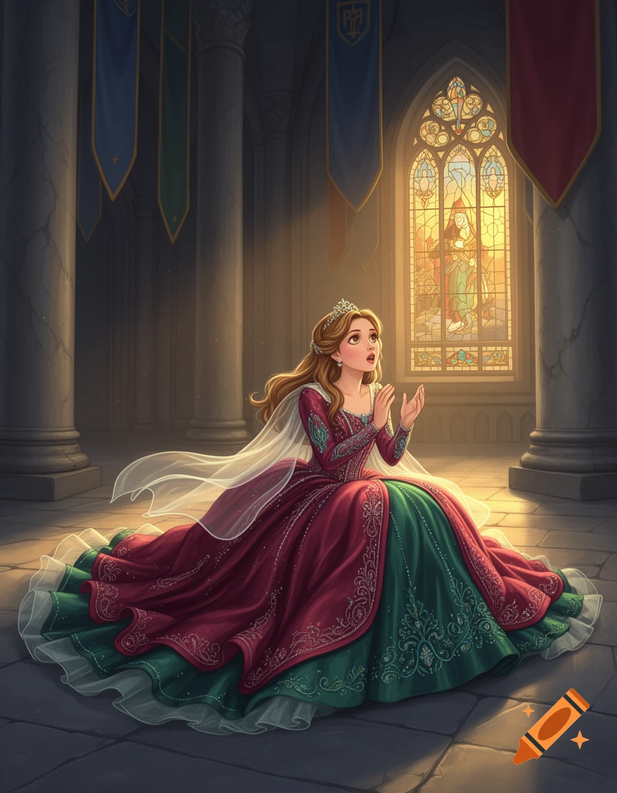 A princess in an ornate red and green gown kneels in a grand hall, looking up towards a sunlit stained glass window, stylized illustration.