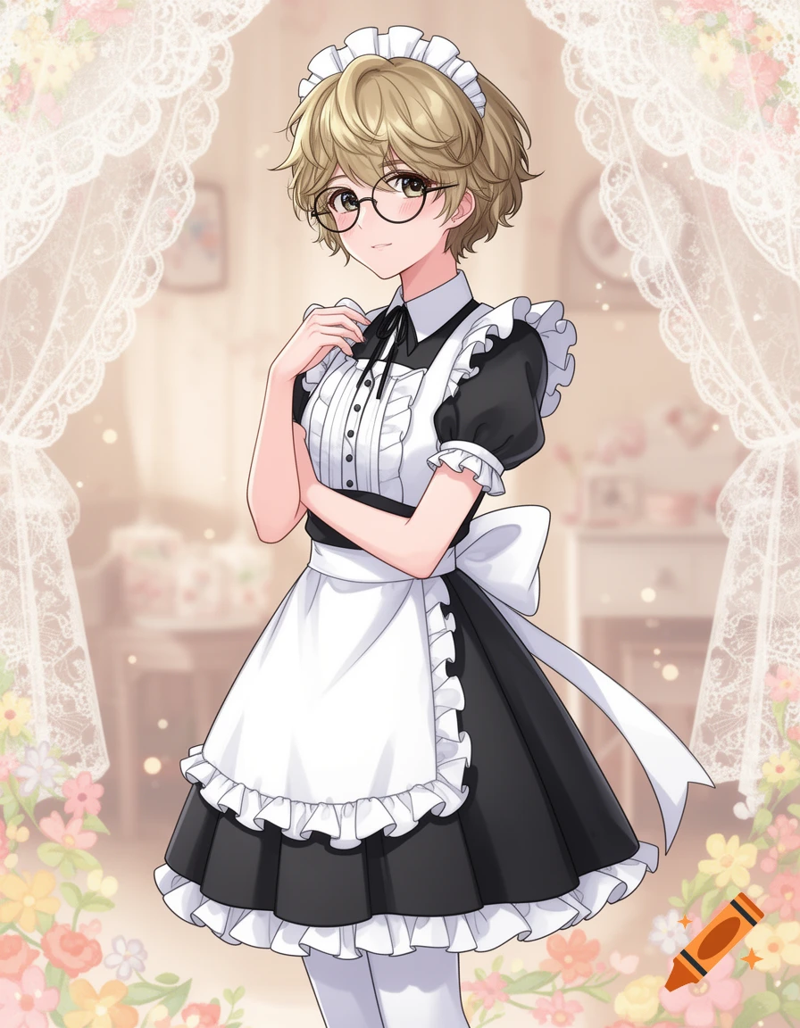 Anime character with short blonde fluffy hair and round glasses, wearing a black and white maid dress with ruffles, against a soft floral and lace background.