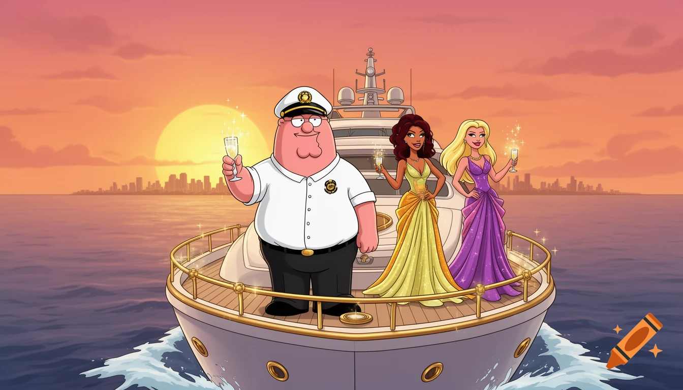Cartoon illustration of Peter Griffin in a captain's hat and two women in elegant dresses on a luxury yacht at sunset, with a city skyline in the background.