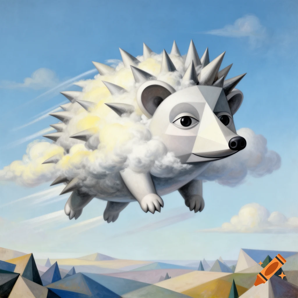 A geometric white hedgehog-cloud creature with spikes flies in a blue sky above a colorful Cubist landscape.