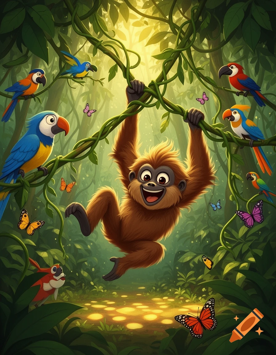 A happy cartoon gibbon swings on a vine in a lush jungle, surrounded by colorful parrots and butterflies.