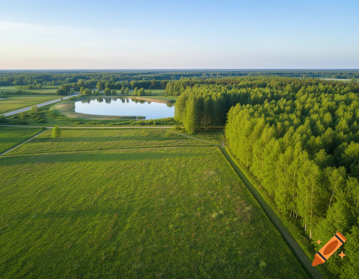 Aerial view of a vibrant green landscape with cultivated fields, a tranquil lake, and dense forest under a clear blue sky.