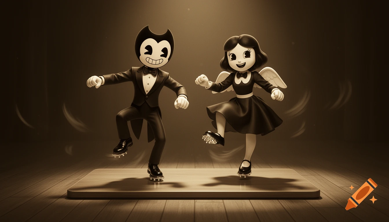 Bendy in a tuxedo and Alice Angel with wings tap dancing on a wooden stage, rendered in a vintage sepia-tone cartoon style.