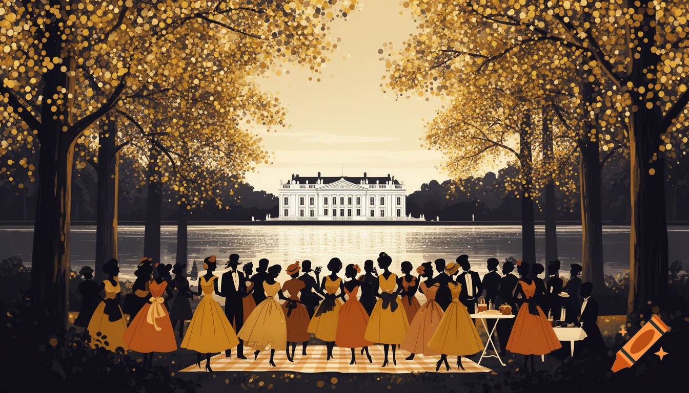 A Neo-Impressionist style illustration of elegant figures picnicking by a lake with the White House in the background, framed by golden trees.