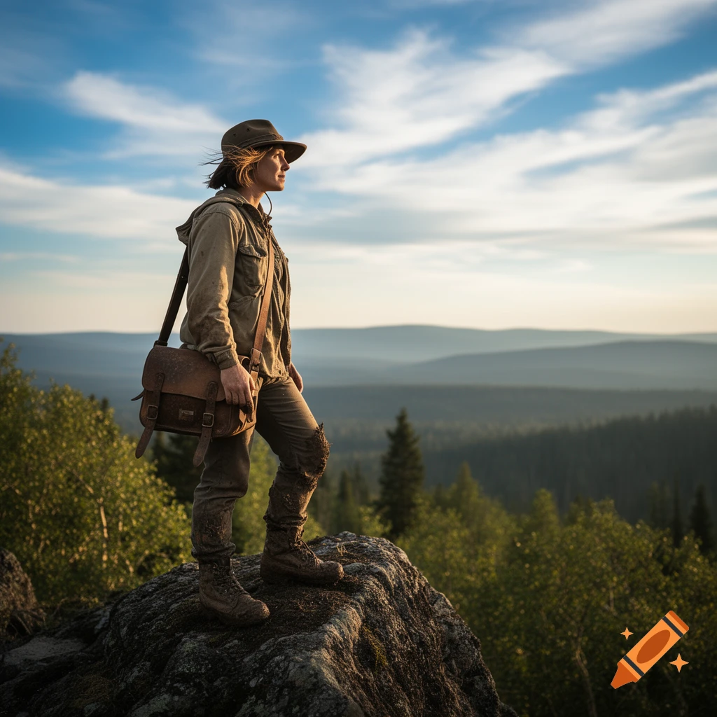 A person in explorer gear stands on a rock, gazing at a vast forested landscape under a blue sky with clouds.