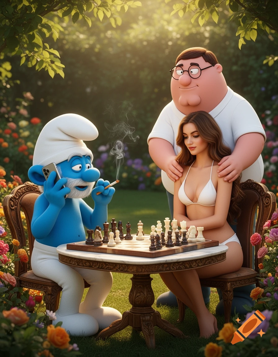 Grandpa Smurf on the phone and smoking while playing chess with a woman in a white bikini, as Peter Griffin massages her shoulders in a sunny garden.