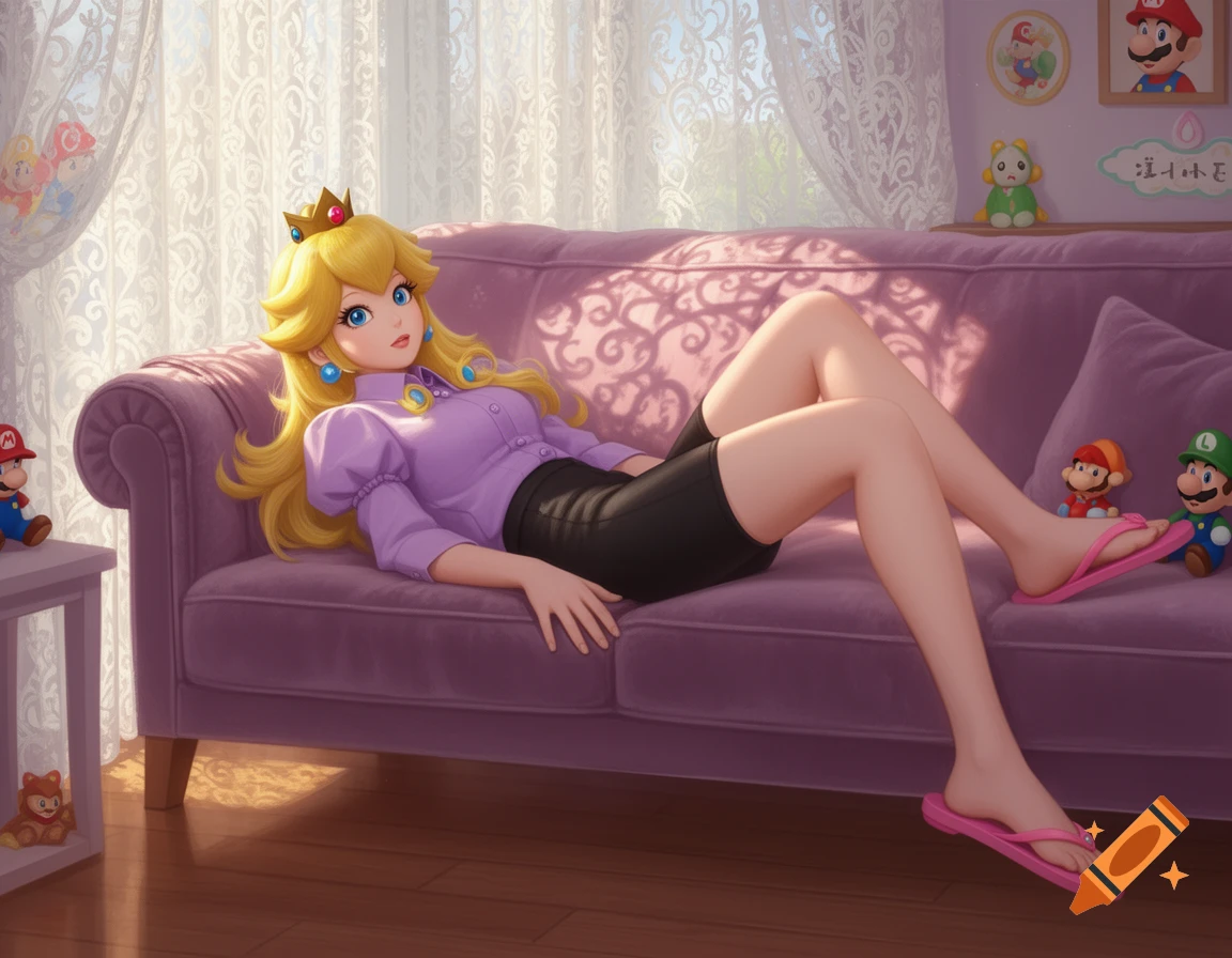 Princess Peach lies casually on a purple couch, wearing a lavender shirt, black shorts, and pink flip-flops, surrounded by Mario decorations.