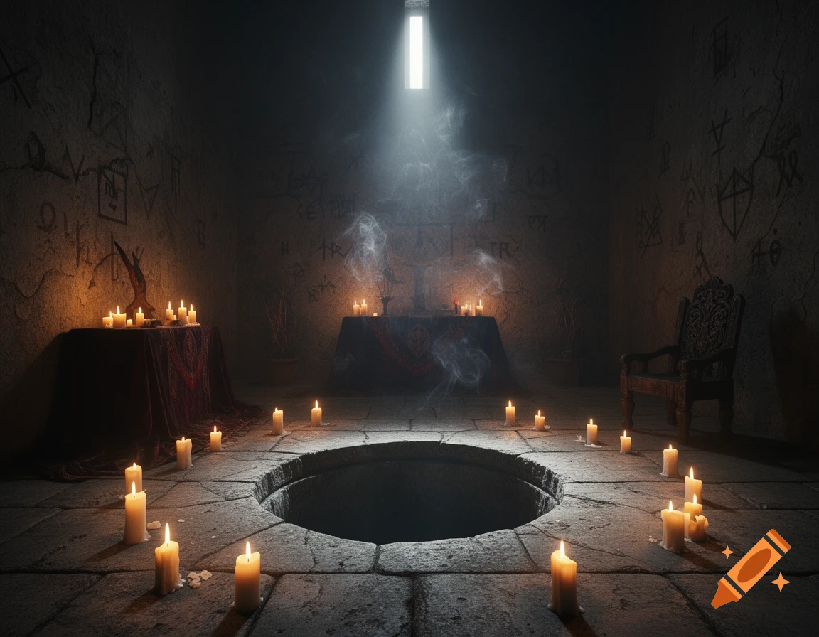 A dimly lit stone cultist room with a large circular hole in the center, surrounded by many lit candles. Arcane symbols are etched into the walls, and a single window casts a beam of light from above.