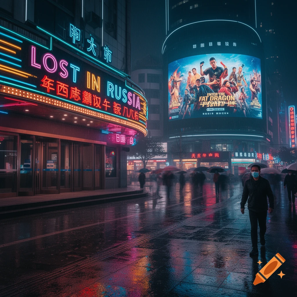 Rainy night city street with neon signs for "Lost in Russia" and a billboard for "Enter the Fat Dragon". A person in a mask walks on wet pavement.