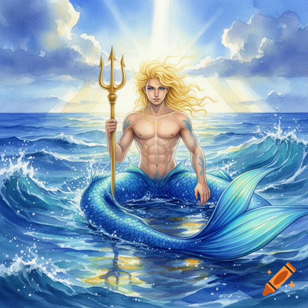 A muscular, blonde-haired merman with blue eyes and a blue tail sits in the ocean holding a golden trident, depicted in a watercolor painting style.