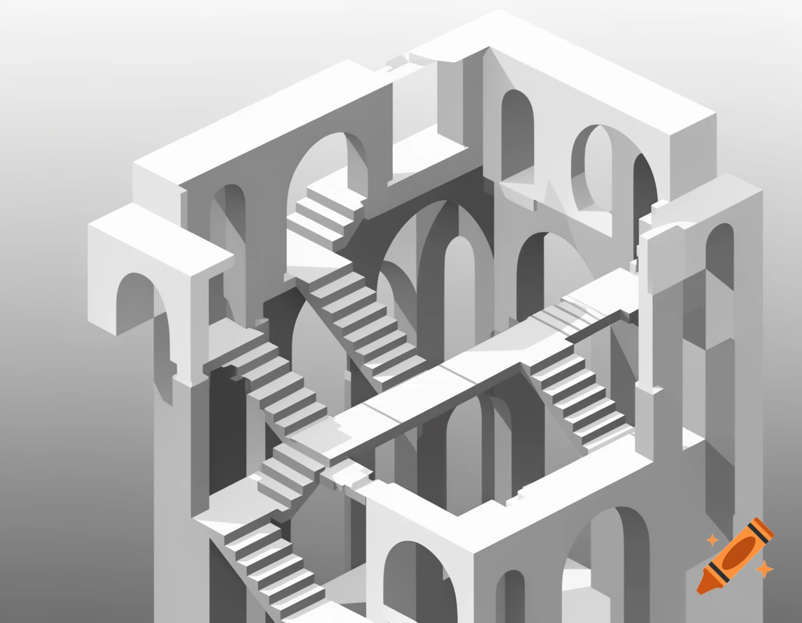 An isometric illustration of an impossible Escher-like white architectural structure with endless stairs and arches.