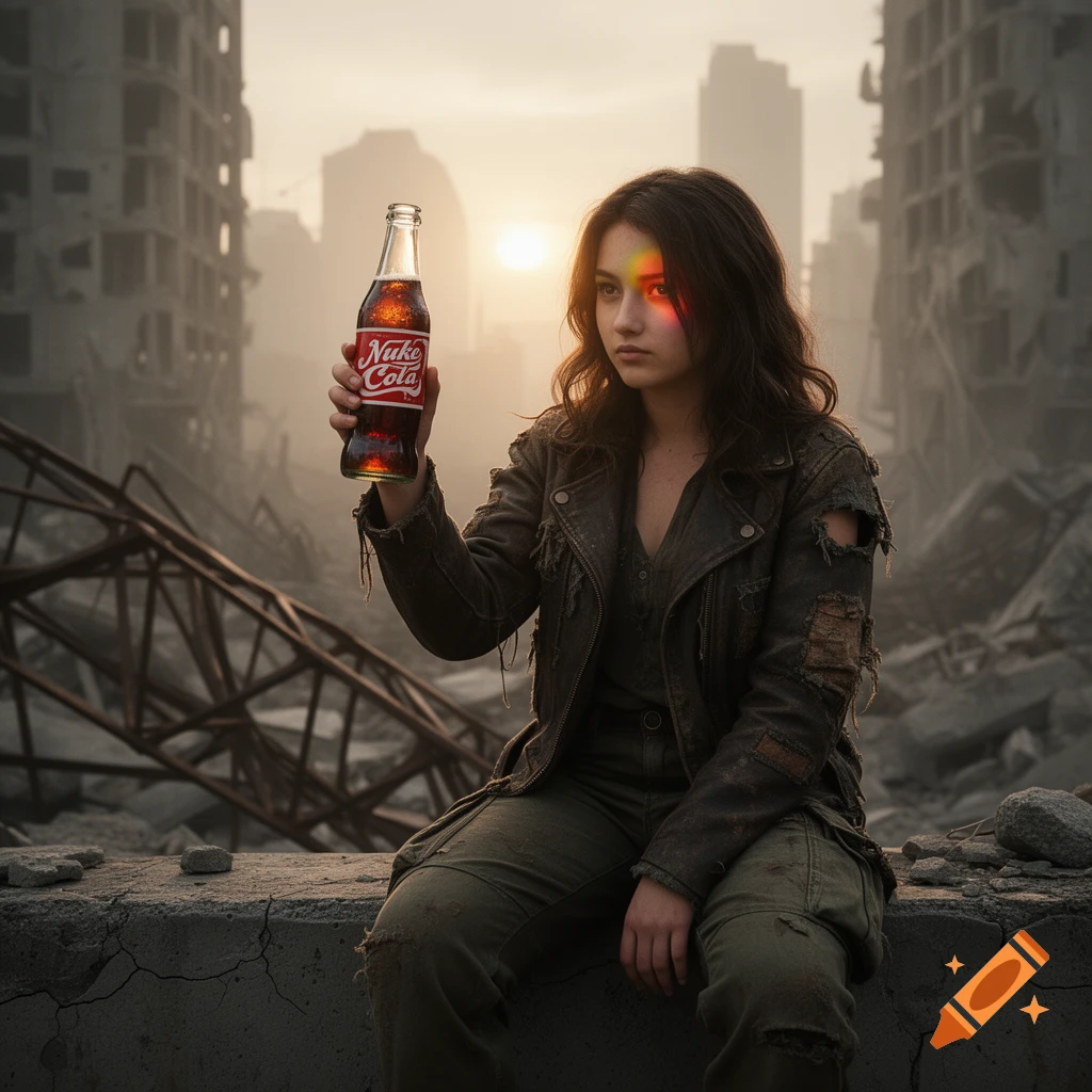 A young woman in a weathered jacket sits in a ruined city, holding a "Nuke Cola" bottle, with a sunset and a rainbow reflection on her eye.