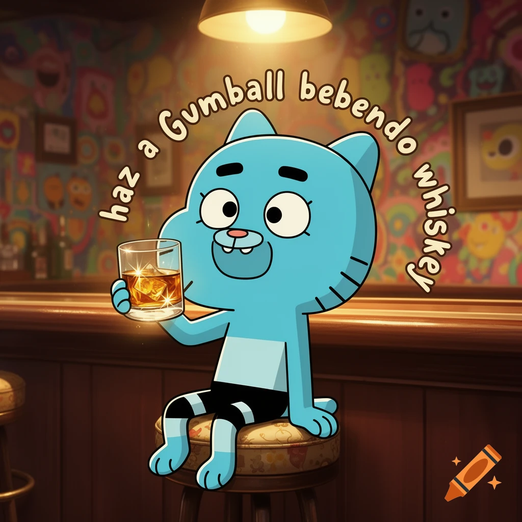 A blue cartoon cat, Gumball, sits at a bar holding a glass of whiskey, with text 'haz a Gumball bebiendo whiskey' floating above him.