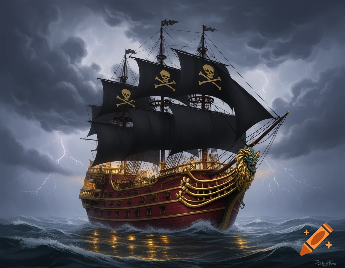 A red and gold pirate ship with black sails featuring jolly roger symbols sails through stormy seas under a lightning-filled sky.