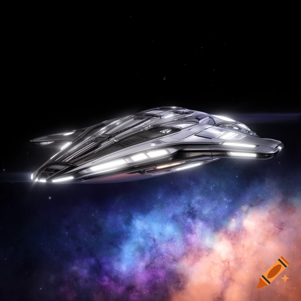 A sleek, futuristic silver spaceship with bright lights flies through deep space, with a colorful nebula below.